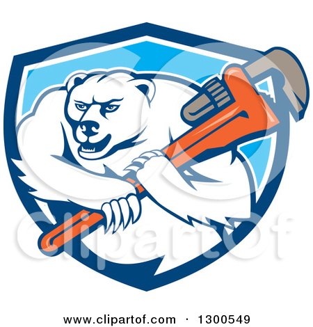 Clipart of a Cartoon Polar Bear Plumber Mascot Wielding a Monkey Wrench in a Blue and White Shield - Royalty Free Vector Illustration by patrimonio