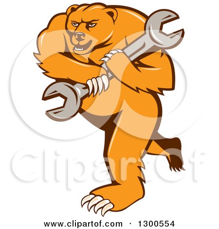 Clipart of a Cartoon Roaring Angry Grizzly Bear Mechanic Mascot Carrying a Giant Wrench - Royalty Free Vector Illustration by patrimonio