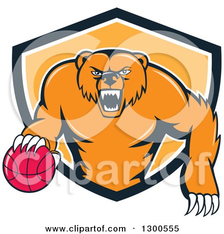 Clipart of a Cartoon Roaring Angry Grizzly Bear with a Basketball Emerging from a Black White and Orange Shield - Royalty Free Vector Illustration by patrimonio