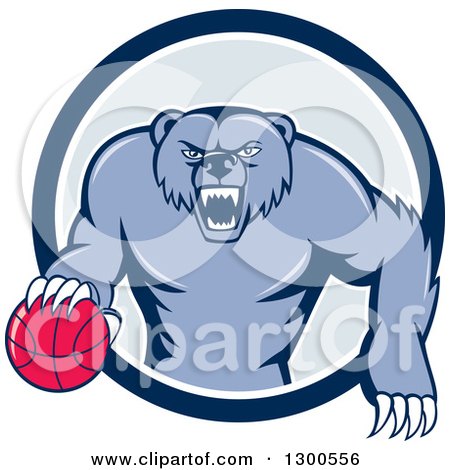 Clipart of a Cartoon Roaring Angry Blue Grizzly Bear with a Basketball Emerging from a Blue and White Circle - Royalty Free Vector Illustration by patrimonio
