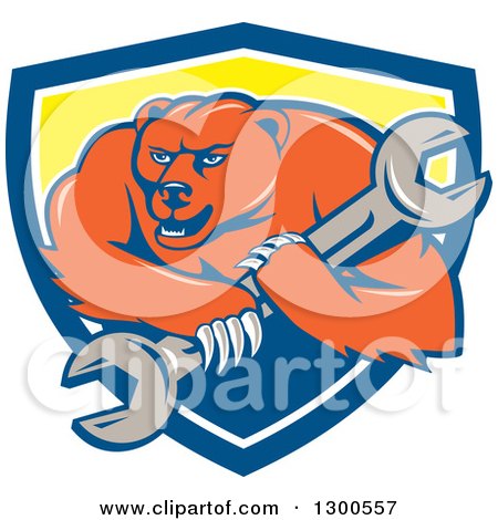 Clipart of a Cartoon Roaring Angry Grizzly Bear Mechanic Mascot Carrying a Giant Wrench in a Blue White and Yellow Shield - Royalty Free Vector Illustration by patrimonio