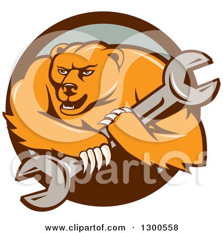 Clipart of a Cartoon Roaring Angry Grizzly Bear Mechanic Mascot Carrying a Giant Wrench in a Circle - Royalty Free Vector Illustration by patrimonio