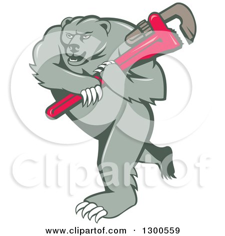 Clipart of a Cartoon Roaring Angry Grizzly Bear Plumber Mascot Carrying a Giant Monkey Wrench - Royalty Free Vector Illustration by patrimonio