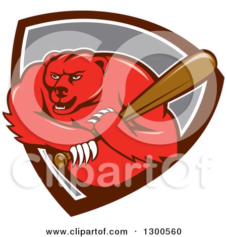 Clipart of a Cartoon Roaring Angry Grizzly Bear Swinging a Baseball Bat in a Shield - Royalty Free Vector Illustration by patrimonio