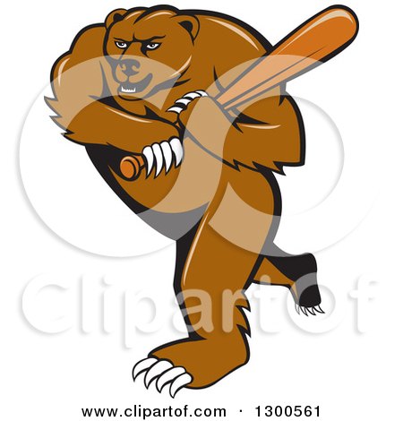 Clipart of a Cartoon Roaring Angry Grizzly Bear Swinging a Baseball Bat - Royalty Free Vector Illustration by patrimonio