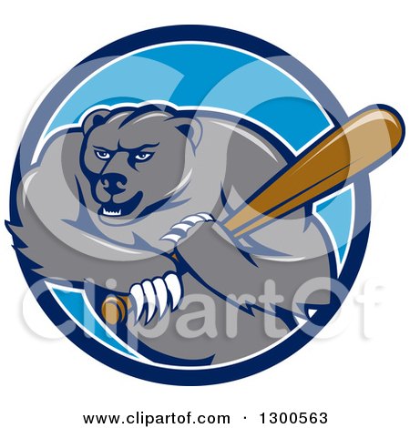Clipart of a Cartoon Roaring Angry Grizzly Bear Swinging a Baseball Bat in a Blue and White Circle - Royalty Free Vector Illustration by patrimonio