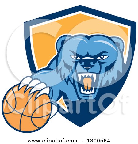 Clipart of a Cartoon Roaring Angry Blue Grizzly Bear with a Basketball Emerging from a Blue White and Yellow Shield - Royalty Free Vector Illustration by patrimonio
