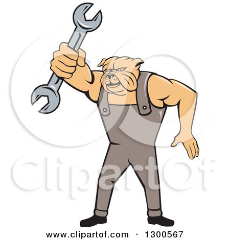 Clipart of a Cartoon Bulldog Mechanic Holding out a Wrench - Royalty Free Vector Illustration by patrimonio