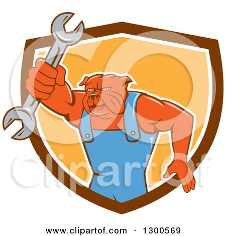 Clipart of a Cartoon Bulldog Mechanic Holding out a Wrench and Emerging from a Brown White and Orange Shield - Royalty Free Vector Illustration by patrimonio