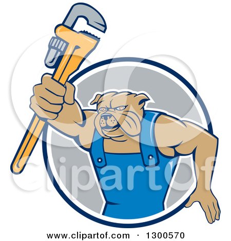 Clipart of a Cartoon Bulldog Plumber Holding out a Monkey Wrench and Emerging from a Blue White and Gray Circle - Royalty Free Vector Illustration by patrimonio