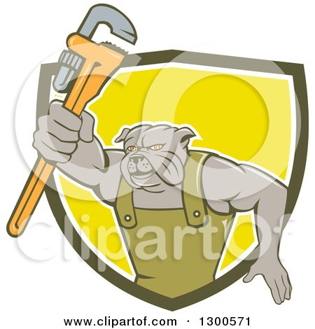 Clipart of a Cartoon Bulldog Plumber Holding out a Monkey Wrench and Emerging from a Green White and Yellow Shield - Royalty Free Vector Illustration by patrimonio
