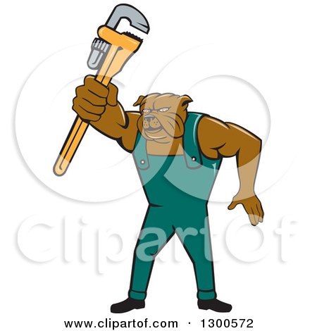 Clipart of a Cartoon Bulldog Plumber Holding out a Monkey Wrench - Royalty Free Vector Illustration by patrimonio