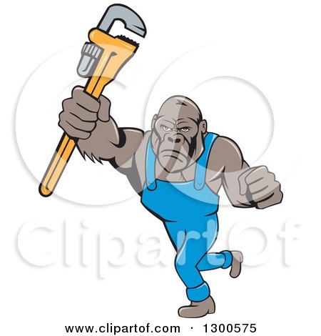 Clipart of a Cartoon Tough Gorilla Plumber Man Punching with a Monkey Wrench - Royalty Free Vector Illustration by patrimonio