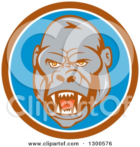 Clipart of a Cartoon Angry Gorilla Face in a Brown White and Blue Circle - Royalty Free Vector Illustration by patrimonio