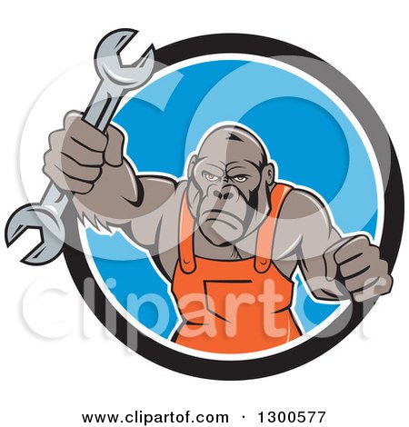 Clipart of a Cartoon Tough Gorilla Mechanic Man Punching with a Wrench and Emerging from a Black White and Blue Circle - Royalty Free Vector Illustration by patrimonio