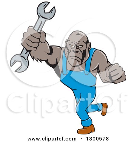 Clipart of a Cartoon Tough Gorilla Mechanic Man Punching with a Wrench - Royalty Free Vector Illustration by patrimonio