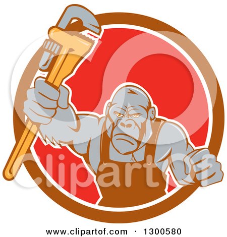 Clipart of a Cartoon Retro Tough Gorilla Plumber Man Punching with a Monkey Wrench in a Brown White and Red Circle - Royalty Free Vector Illustration by patrimonio