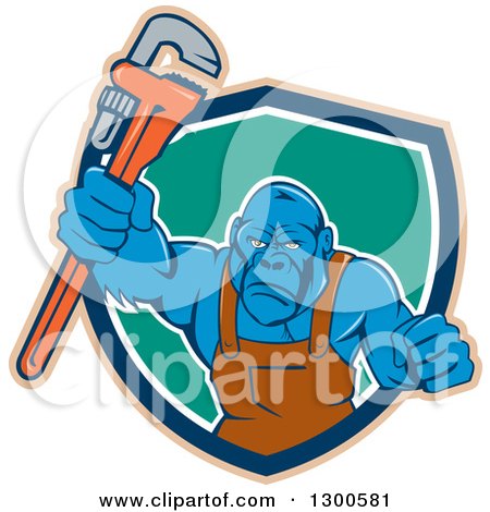 Clipart of a Cartoon Tough Blue Gorilla Plumber Man Punching with a Monkey Wrench in a Tan Blue White and Turquoise Shield - Royalty Free Vector Illustration by patrimonio