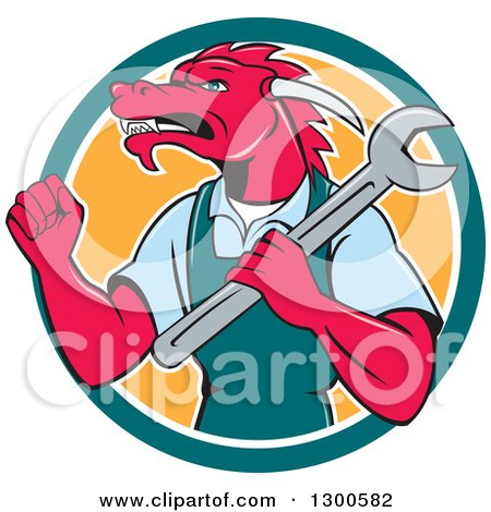 Clipart of a Cartoon Tough Pink Dragon Mechanic Holding a Wrench and a Fist up in a Green White and Orange Circle - Royalty Free Vector Illustration by patrimonio