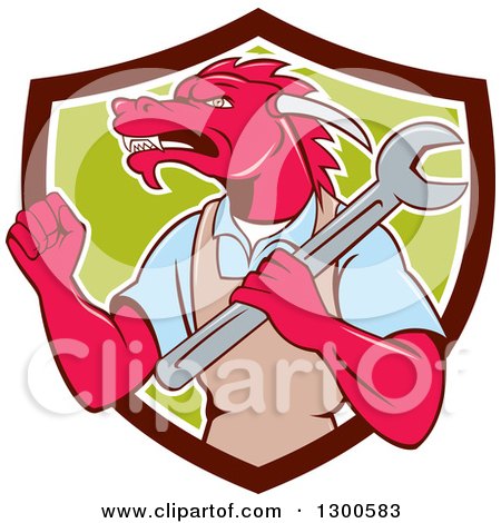 Clipart of a Cartoon Tough Pink Dragon Mechanic Holding a Wrench and a Fist up in a Brown White and Green Shield - Royalty Free Vector Illustration by patrimonio
