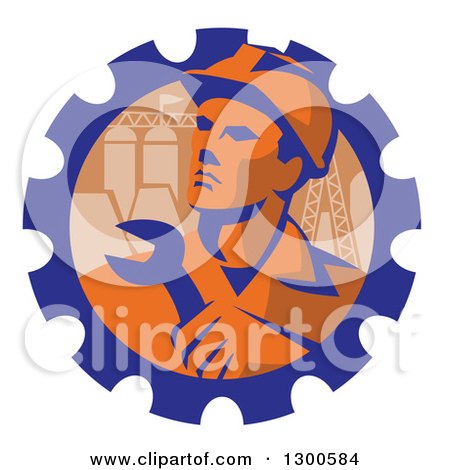 Clipart of a Retro Male Engineer Worker Holding a Wrench over Pylons in a Gear Cog - Royalty Free Vector Illustration by patrimonio