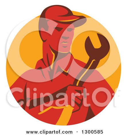 Clipart of a Retro Red Male Worker Holding a Spanner Wrench in a Yellow Circle - Royalty Free Vector Illustration by patrimonio
