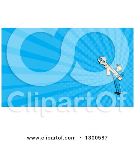 Clipart of a Cartoon Male Mechanic Holding a Wrench and Blue Rays Background or Business Card Design - Royalty Free Illustration by patrimonio