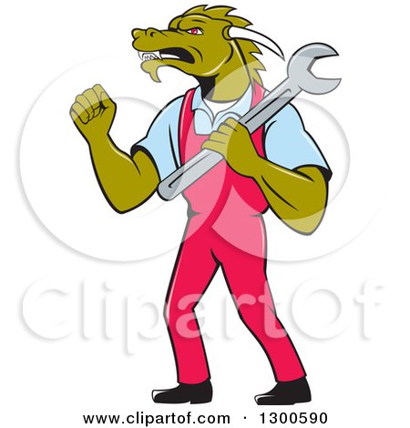 Clipart of a Cartoon Dragon Man Mechanic Holding a Wrench and Doing a Fist Pump - Royalty Free Vector Illustration by patrimonio