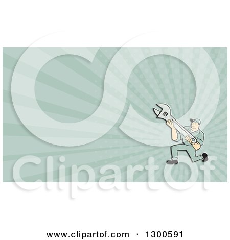 Clipart of a Retro Cartoon Male Mechanic Kneeling and Holding a Wrench and Pastel Green Rays Background or Business Card Design - Royalty Free Illustration by patrimonio