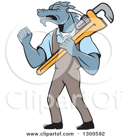 Clipart of a Cartoon Dragon Man Plumber Holding a Monkey Wrench and Doing a Fist Pump - Royalty Free Vector Illustration by patrimonio