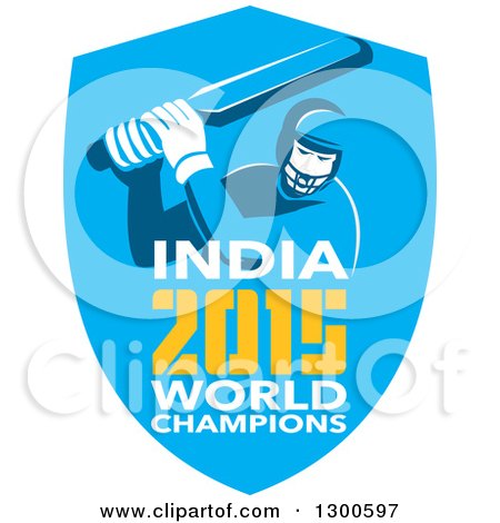 Clipart of a Retro Cricket Player Batsman in a Blue Shield with India 2015 World Champions Text - Royalty Free Vector Illustration by patrimonio