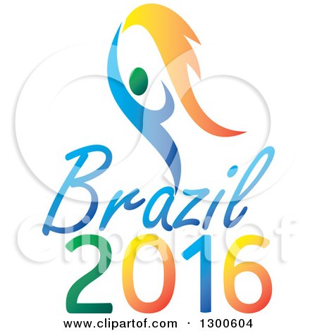 Clipart of a Blue and Green Athlete with Flames over Brazil 2016 Text for Summer Games - Royalty Free Vector Illustration by patrimonio