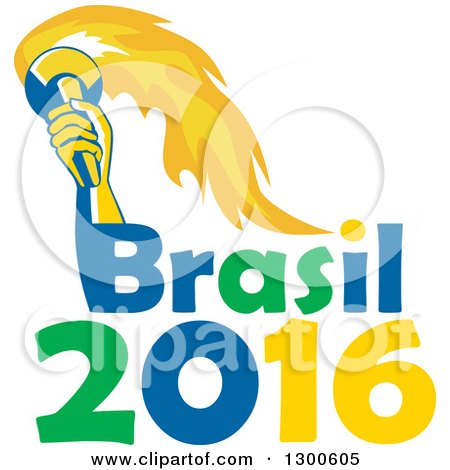 Clipart of a Male Athlete Hand Holding up a Torch over Brasil 2016 Text - Royalty Free Vector Illustration by patrimonio
