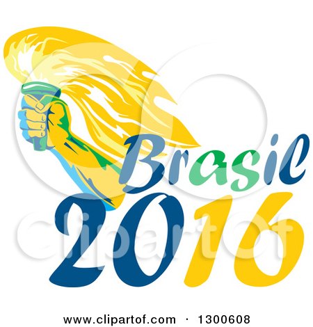 Clipart of a Male Hand Holding up a Torch over Brasil 2016 Text - Royalty Free Vector Illustration by patrimonio