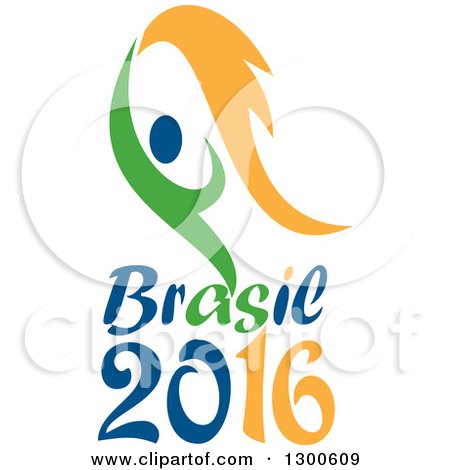 Clipart of a Green and Blue Abstract Athlete Holding up a Torch over Brasil 2016 Text - Royalty Free Vector Illustration by patrimonio