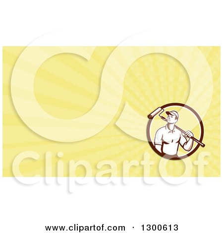 Clipart of a Retro Male Painter with a Roller Brush and Yellow Rays Background or Business Card Design - Royalty Free Illustration by patrimonio