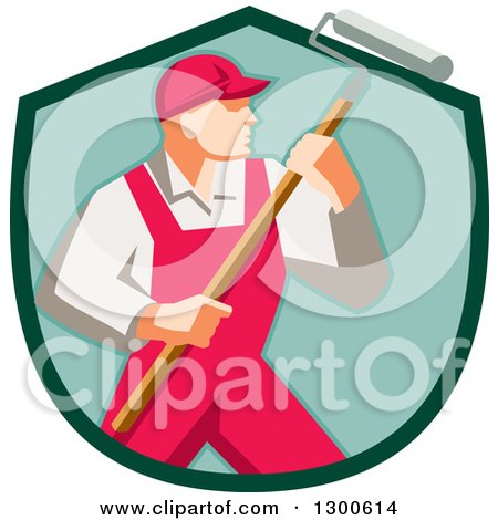 Clipart of a Retro Male House Painter in Red Overalls, Holding a Roller Brush in a Green Shield - Royalty Free Vector Illustration by patrimonio