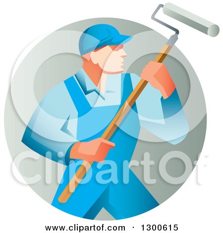 Clipart of a Retro Male House Painter in Blue Overalls, Holding a Roller Brush in a Gradient Circle - Royalty Free Vector Illustration by patrimonio