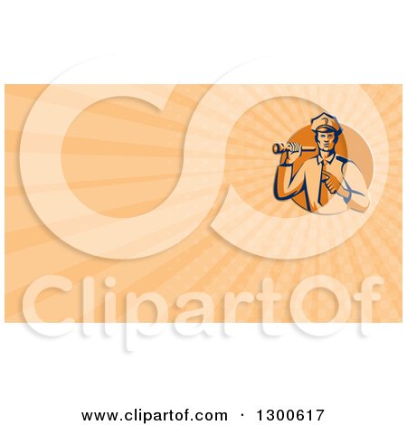 Clipart of a Retro Police Man Using a Flashlight and Pointing and Pastel Orange Rays Background or Business Card Design - Royalty Free Illustration by patrimonio