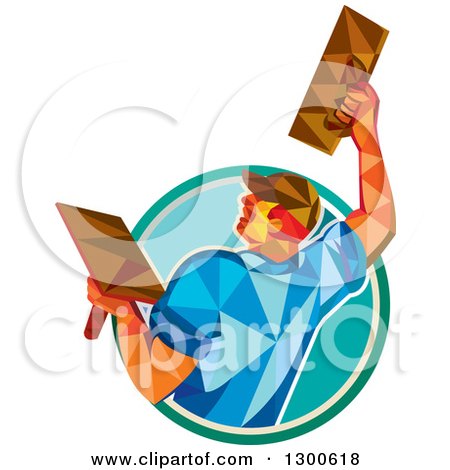 Clipart of a Retro Low Poly Geometric Male Plasterer Working with Trowels and Emerging from a Circle - Royalty Free Vector Illustration by patrimonio
