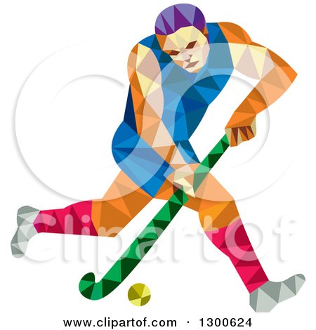 Clipart of a Retro Geometric Low Poly Man Playing Field Hockey - Royalty Free Vector Illustration by patrimonio