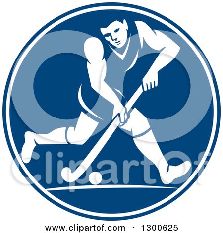 Clipart of a Retro Man Playing Field Hockey in a Blue and White Circle - Royalty Free Vector Illustration by patrimonio