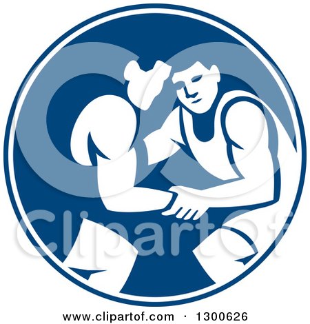 Clipart of Retro Men Wrestling in a Blue and White Circle - Royalty Free Vector Illustration by patrimonio