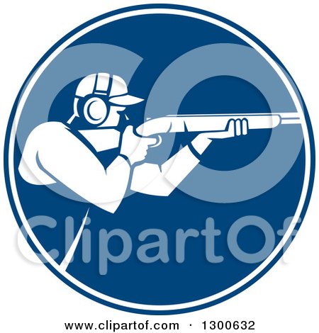 Clipart of a Retro Man Shooting a Rifle in a Blue and White Circle - Royalty Free Vector Illustration by patrimonio
