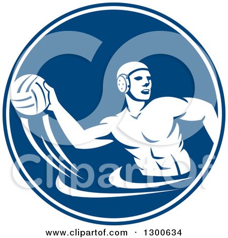 Clipart of a Retro Man Playing Water Polo in a Blue and White Circle - Royalty Free Vector Illustration by patrimonio