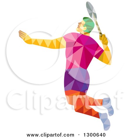 Clipart of a Retro Geometric Low Poly Male Badminton Player Jumping - Royalty Free Vector Illustration by patrimonio