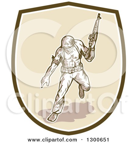 Clipart of a Cartoon American Soldier with an Armalite Rifle, Pointing in a Shield - Royalty Free Vector Illustration by patrimonio