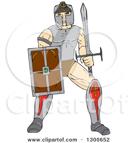 Clipart of a Cartoon Knight with a Sword and Shield - Royalty Free Vector Illustration by patrimonio