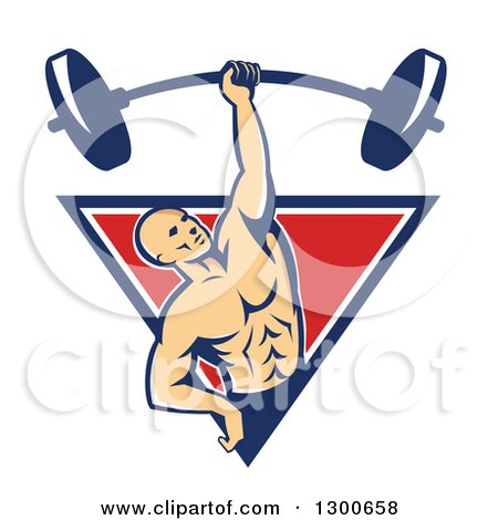 Clipart of a Retro Bald White Male Bodybuilder Lifting a Barbell One Handed and Emerging from a Blue White and Red Triangle - Royalty Free Vector Illustration by patrimonio
