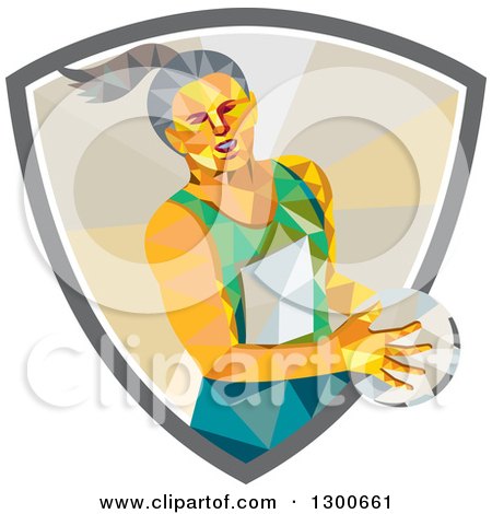 Clipart of a Retro Low Poly Geometric Female Netball Player Emerging from a Shield - Royalty Free Vector Illustration by patrimonio